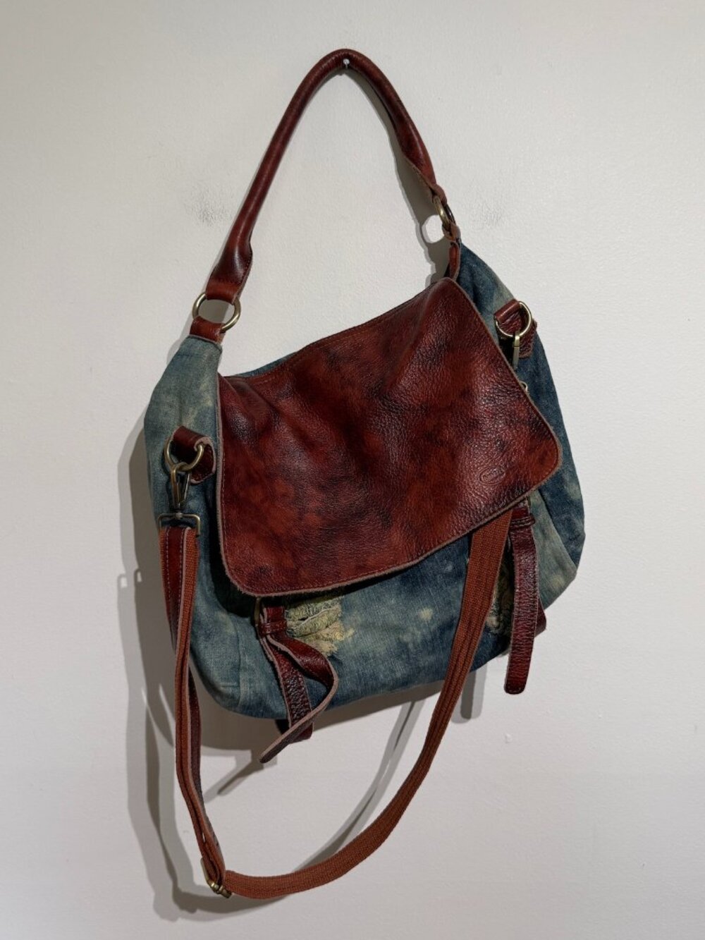 Unique Distressed Denim and Rich Leather Messenger Bag